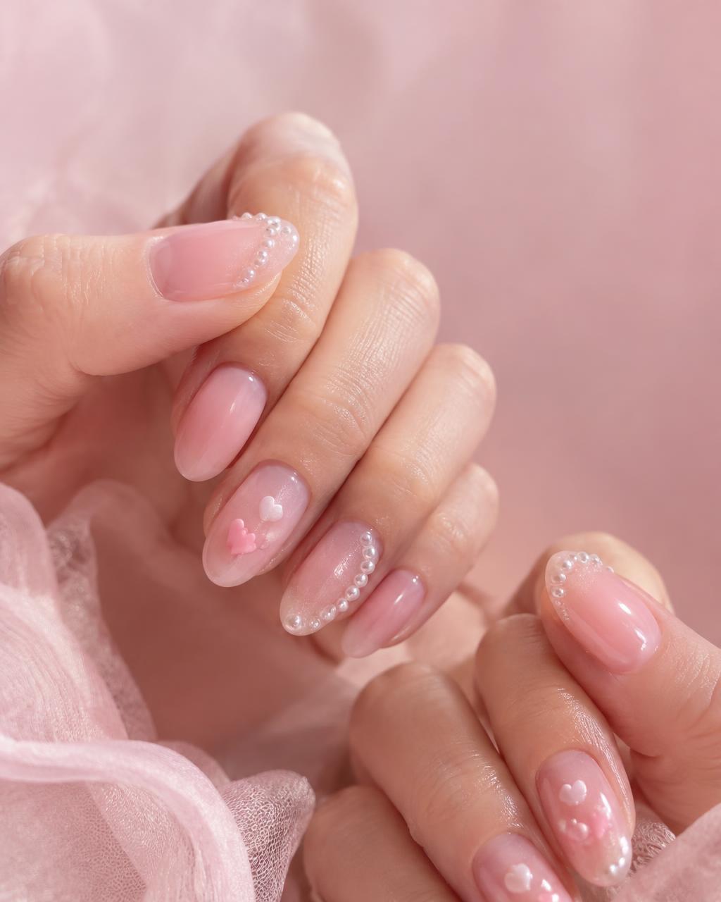 Pink pearl heart nail art